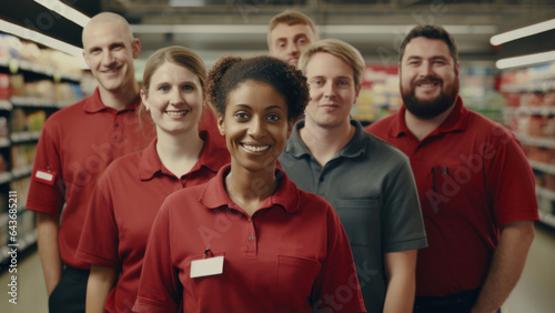 Supermarket Dream Team: Smiling Workers Unite, Gazing at the Camera in a Captivating Advertising Portrait. © Ai Studio