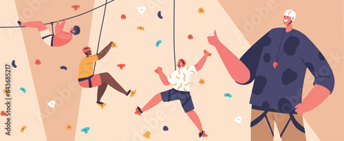Rock Climbing Wall. Boys And Girls Team Climb Up Stone Dummy With Help Of Adult Trainer Below, Vector Illustration