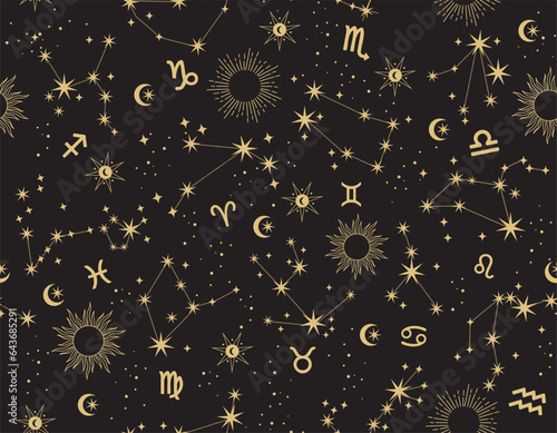 Seamless pattern of zodiac signs. Vector illustration. Twelve constellations