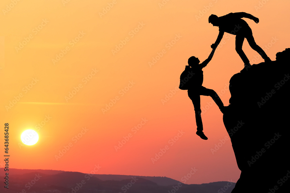 Ascending Together: The Bond of Friendship Shines as One Hiker Aids Another in Reaching the Mountain Top, generative AI Ascending Together: The Bond of Friendship Shines as One Hiker Aids Another in Reaching the Mountain Top, generative AI