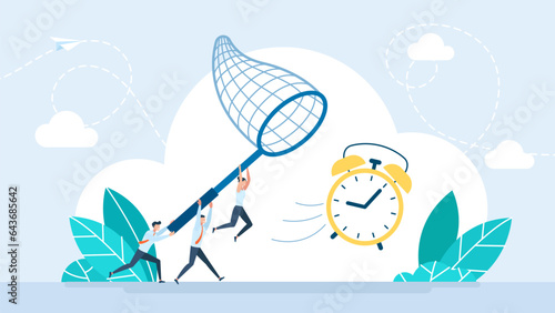 Concept of deadline, time management and pressure. Busy business people and clock running. Running alarm clock. Time is up. Workers trying to keep up with schedule and plan. Flat vector illustration