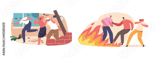 Terrified People Flee As Earthquake And Fire Wreak Havoc, Leaving Destruction In Their Wake Cartoon Vector Illustration
