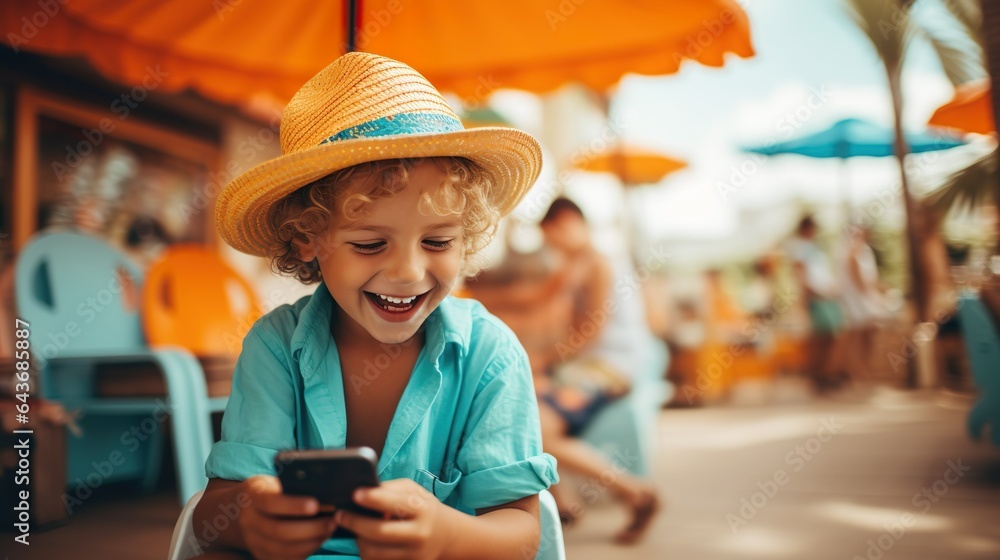 Smiling Joyful Child Using Smartphone in Summer, generative Ai