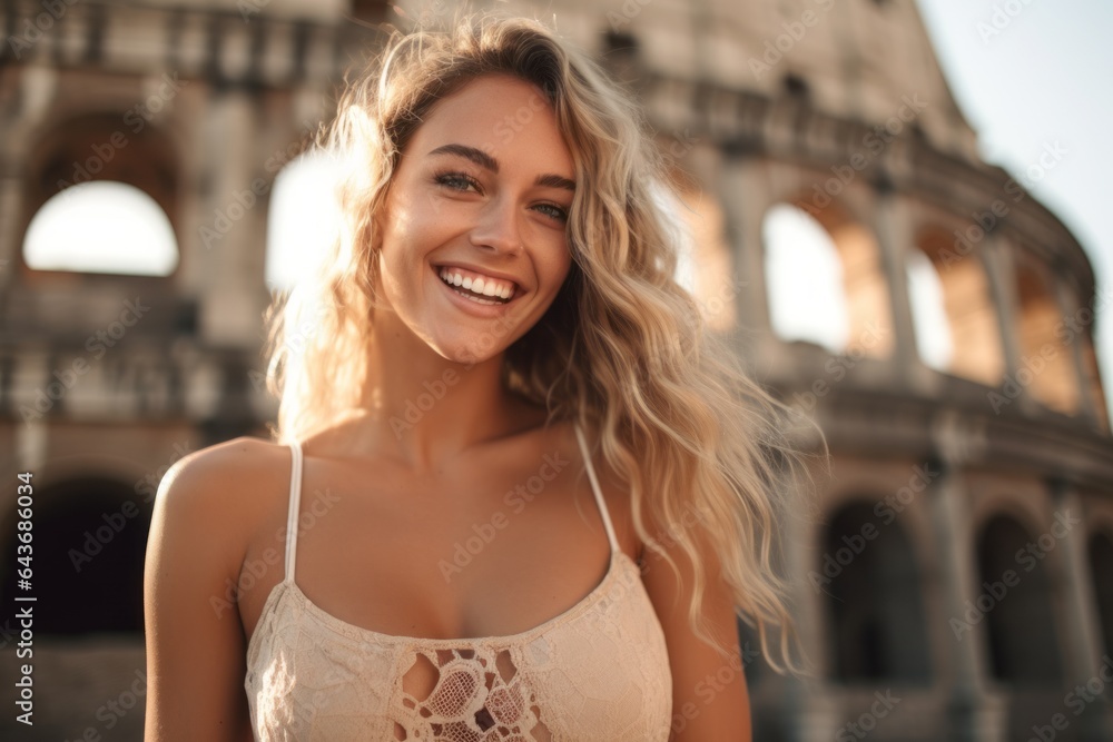 Close-up portrait photography of a happy girl in his 30s wearing a lace bralette against the colosseum in rome italy. With generative AI technology
