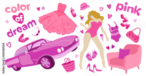 Pink trendy collection. Pink color of dream. Glamorous set for woman in fashionable color. Vector isolated illustration. Pinkcore. photo