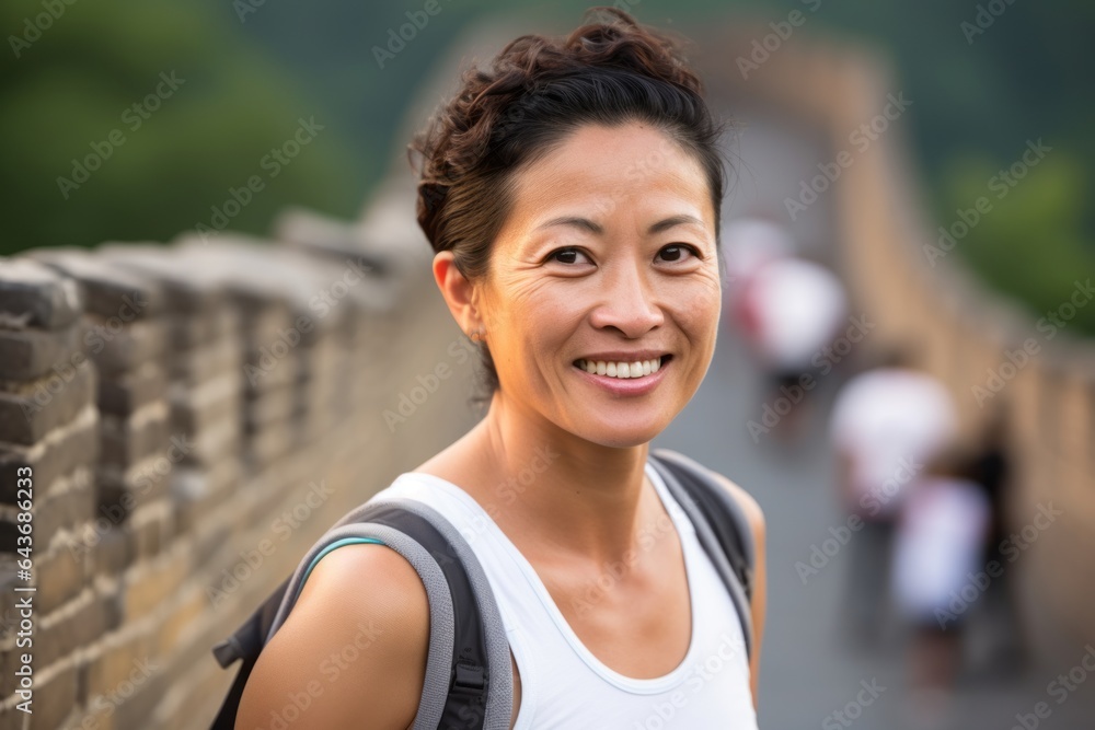 Headshot portrait photography of a cheerful girl in her 40s wearing a fashionable tube top at the great wall of china in beijing china. With generative AI technology Headshot portrait photography of a cheerful girl in her 40s wearing a fashionable tube top at the great wall of china in beijing china. With generative AI technology