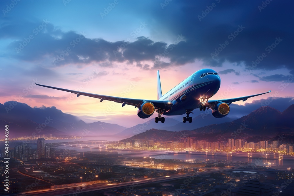 Passenger airplane take off over the panorama city at twilight scene Passenger airplane take off over the panorama city at twilight scene