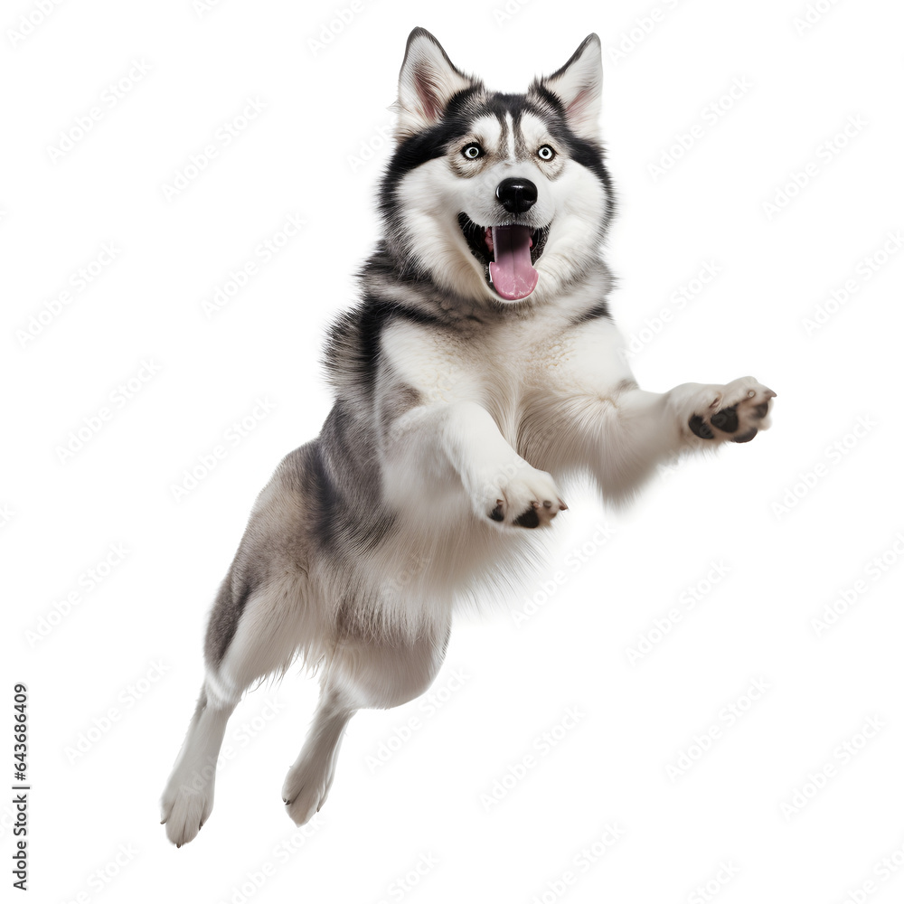 Perro saltando de alegría, fondo blanco imagen de estudio.