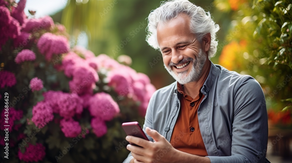 Handsome Senior Man Engaged with Smartphone, generative Ai Handsome Senior Man Engaged with Smartphone, generative Ai