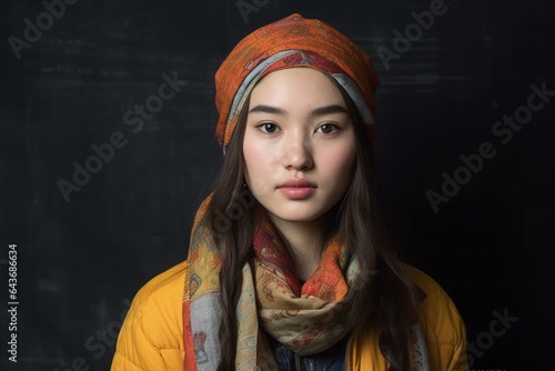 Studio portrait photography of a content girl in her 20s wearing a colorful bandana at the great wall of china in beijing china. With generative AI technology