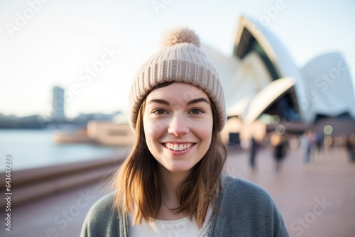 Environmental portrait photography of a grinning girl in her 20s wearing a trendy beanie at the sydney opera house in sydney australia. With generative AI technology