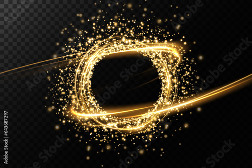 Golden neon ring. Round shape with small particles of golden dust and lights, shiny frame on an isolated and transparent background.