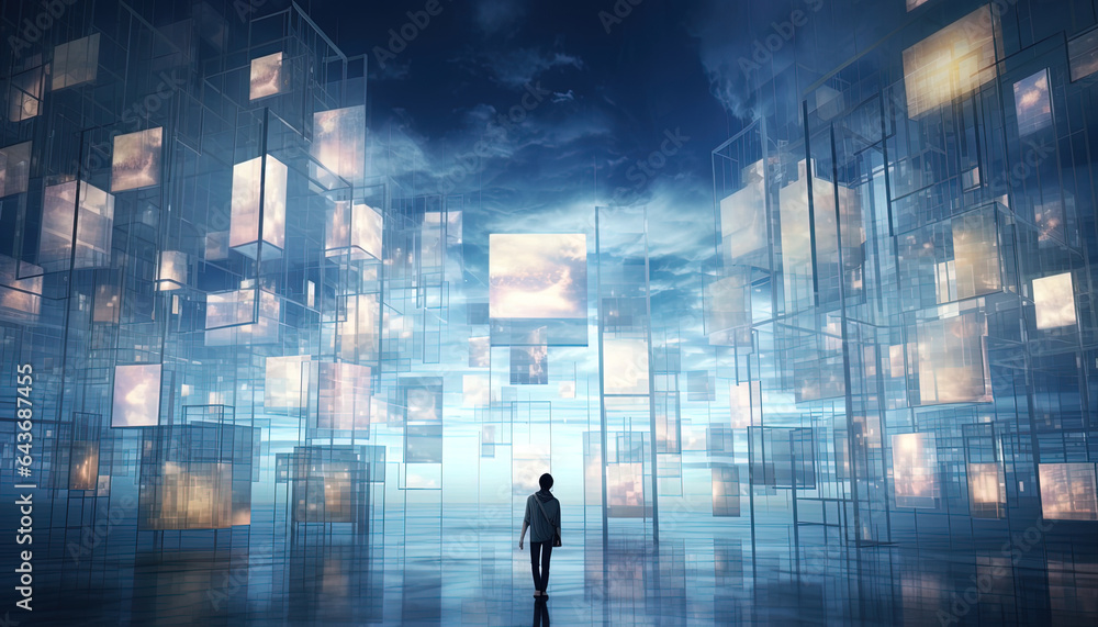 Imaginative scene with floating multimedia screens that project captivating and dreamlike images Imaginative scene with floating multimedia screens that project captivating and dreamlike images