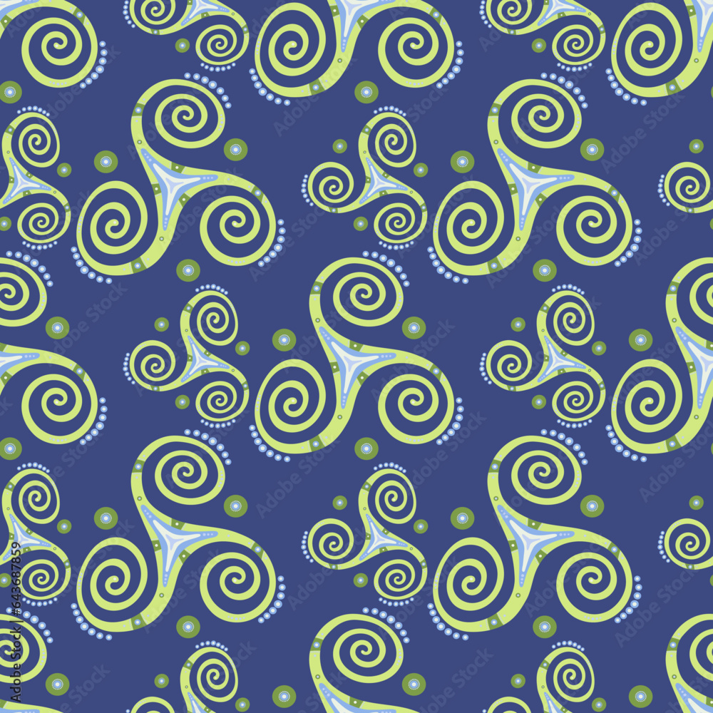 Fototapeta premium Ethnic triple spiral celtic triskele sacred symbol seamless pattern. Three legs