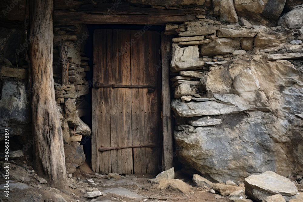Primitive wooden door in old stony hut Primitive wooden door in old stony hut