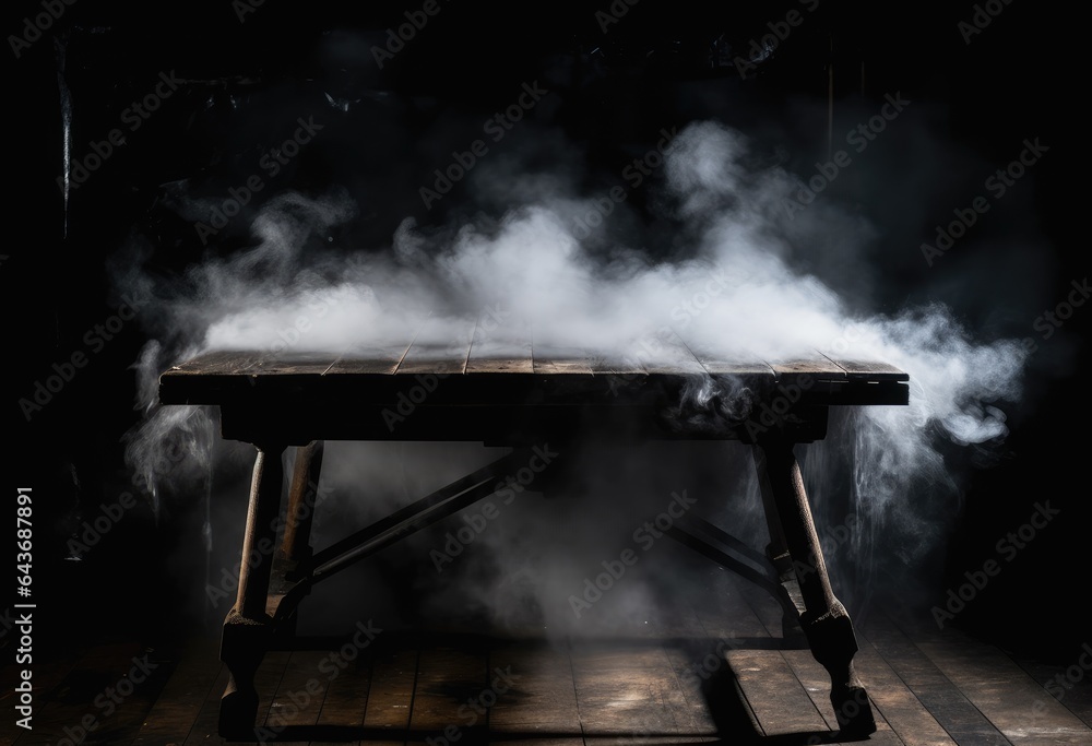 an old wooden table with a black background, in the style of smokey background, mist, realistic usage of light and color, realistic lighting, spiritual landscape, , made with Generative AI an old wooden table with a black background, in the style of smokey background, mist, realistic usage of light and color, realistic lighting, spiritual landscape, , made with Generative AI