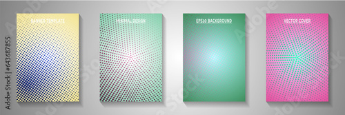 Random dot perforated halftone cover page templates vector batch. Digital poster faded halftone