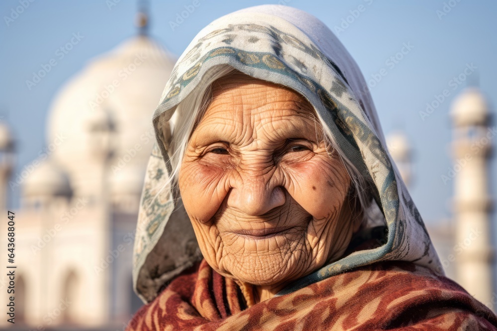 Close-up portrait photography of a grinning old woman wearing a charming cloche hat in front of the taj mahal in agra india. With generative AI technology Close-up portrait photography of a grinning old woman wearing a charming cloche hat in front of the taj mahal in agra india. With generative AI technology