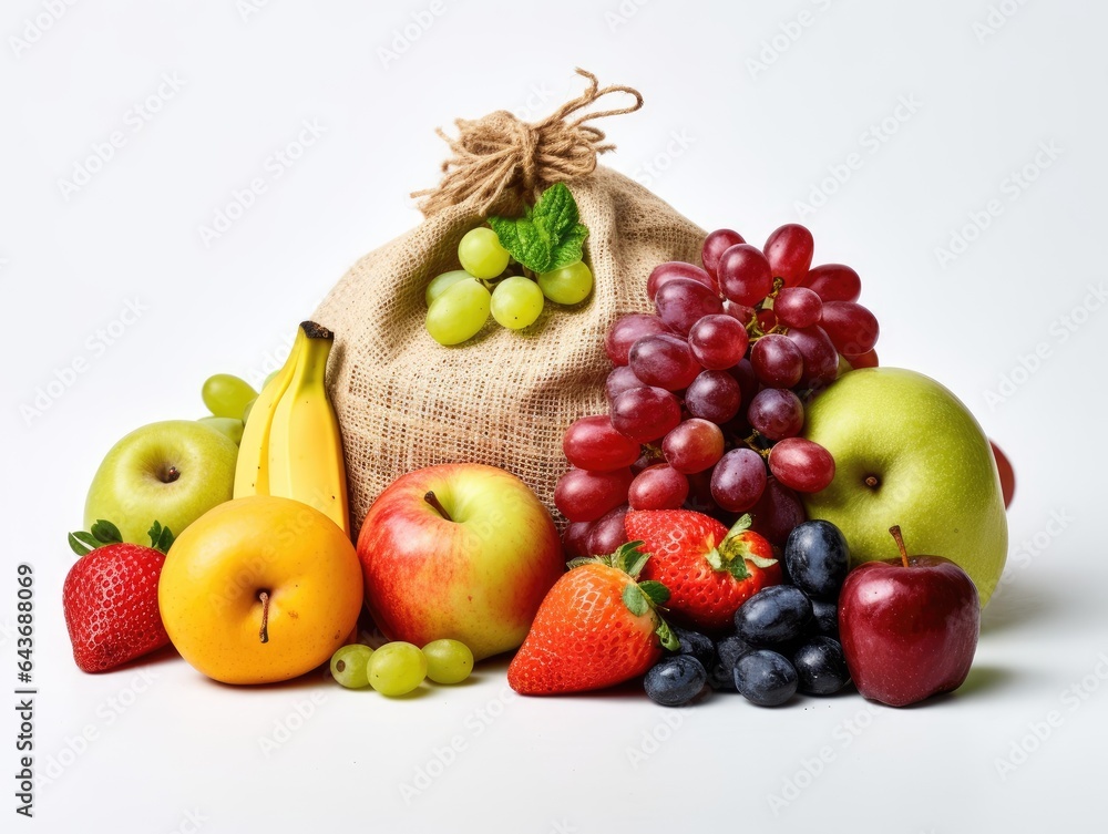 Assorted fresh fruits spilled from a burlap sack onto a pristine white background. Colorful variety, farm-fresh, healthy nutrition, vibrant produce, made with Generative AI