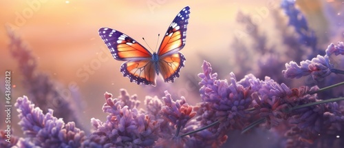butterfly atop purple lavender flowers with the sun behind it, in the style of warm color palettes, joyful celebration of nature, light orange and light azure, romantic atmosphere, Generative AI © Алексей Василюк