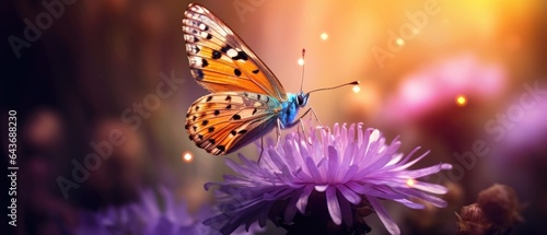 butterfly atop purple lavender flowers with the sun behind it, in the style of warm color palettes, joyful celebration of nature, light orange and light azure, romantic atmosphere, Generative AI