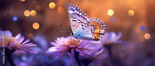 butterfly atop purple lavender flowers with the sun behind it, in the style of warm color palettes, joyful celebration of nature, light orange and light azure, romantic atmosphere, Generative AI © Алексей Василюк