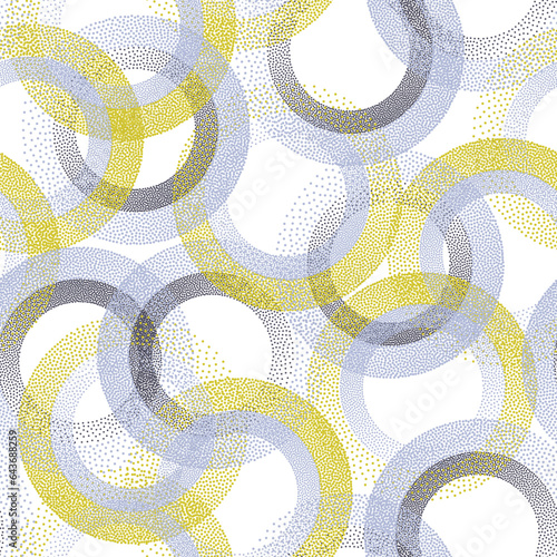 Circle ring shapes of dots contemporary vector seamless pattern.