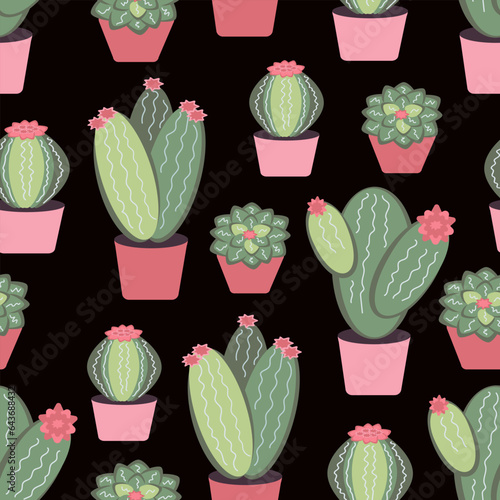 Seamless pattern indoor cartoon cactus succulents of different shapes on black background. Houseplants in pots. Vector illustration.