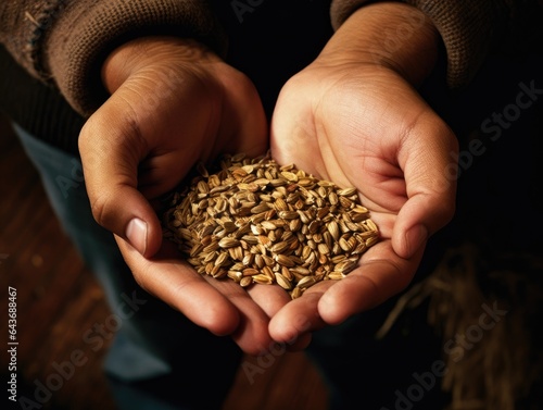 Close-up view of a human hand holding a handful of seeds, symbolizing the potential for growth and renewal that seeds represent, made with Generative AI