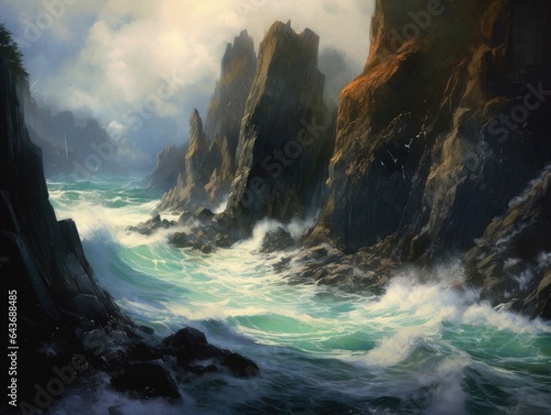 Coastal cliff with crashing waves, dramatic ocean view, rugged natural beauty, made with Generative AI