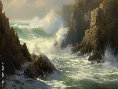 Coastal cliff with crashing waves, dramatic ocean view, rugged natural beauty, made with Generative AI