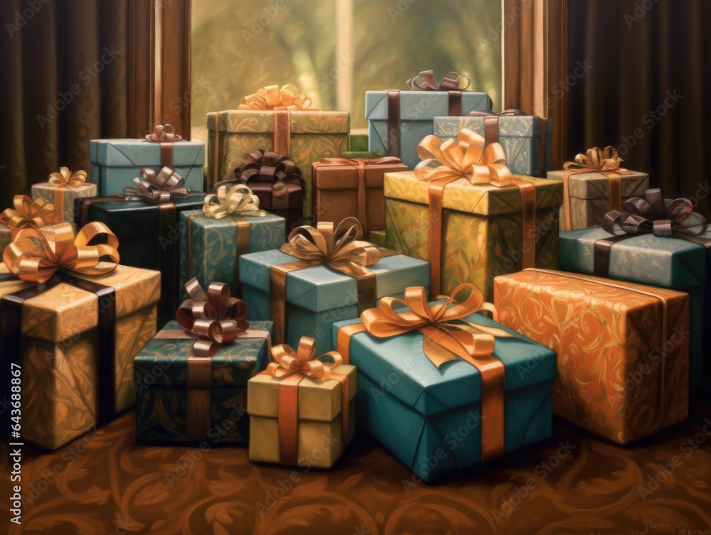 Elegantly wrapped New Year's gifts arranged in a neat row, anticipation fills the air, made with Generative AI