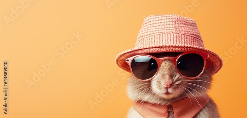 Stylish Mouse in Hat and Sunglasses on Pastel Background, generative Ai