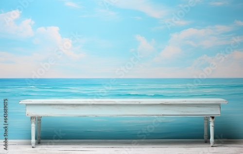 White wooden table next to a wall with a blue sky and sea, in the style of contemporary landscape for background, backdrop, presentation., mockup