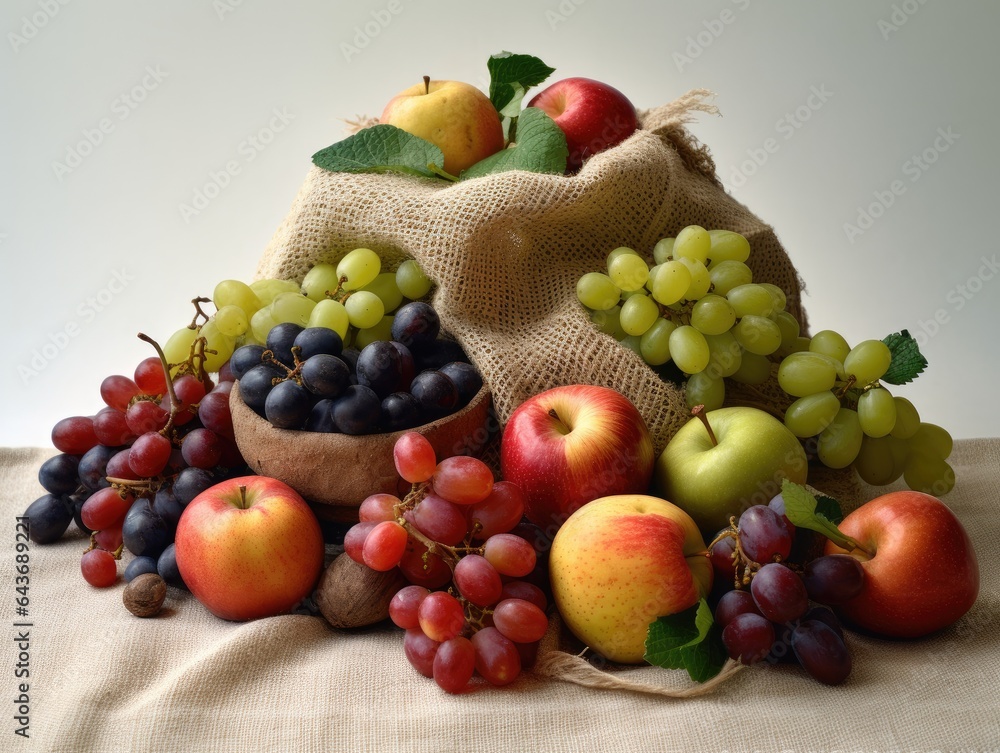 Fruits of nature's bounty: A medley of fresh fruits artfully arranged within a burlap sack on a pristine white surface. Bountiful harvest, seasonal delights, wholesome eating, made with Generative AI