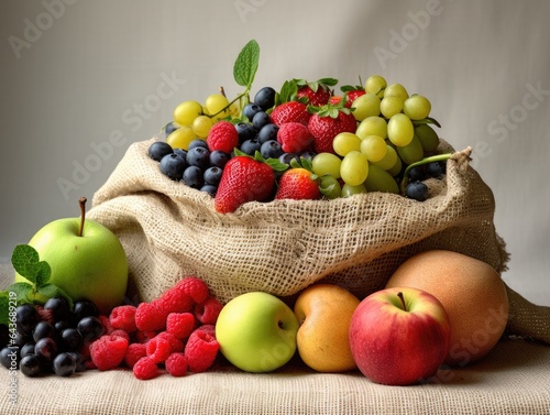 Fruits of nature s bounty  A medley of fresh fruits artfully arranged within a burlap sack on a pristine white surface. Bountiful harvest  seasonal delights  wholesome eating  made with Generative AI