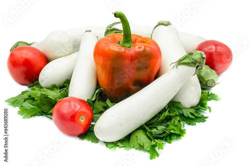 White eggplants and peppers with tomatoes on a white background