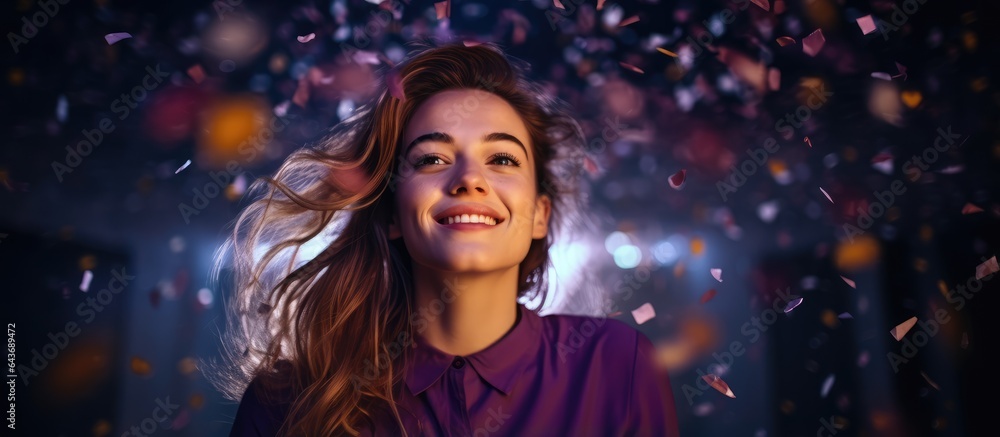 Stunning studio portrait of a girl with confetti against a dark purple backdrop Stunning studio portrait of a girl with confetti against a dark purple backdrop