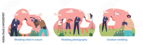 Isolated Elements with Couple at Wedding Photoshoot. Photographer, Videographer, And A Drone, Capture Their Joy