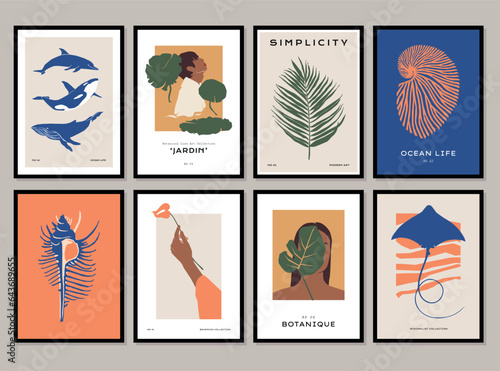 Bohemian collection of woman portrait and botanical illustrations for wall art gallery