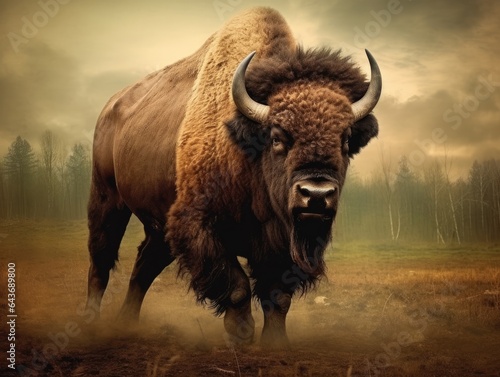 Majestic European Bison, imposing beast roams vast grasslands, made with Generative AI