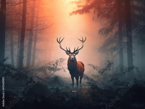 Majestic European Red Deer, impressive mammal roams misty forest at dawn, made with Generative AI © Алексей Василюк