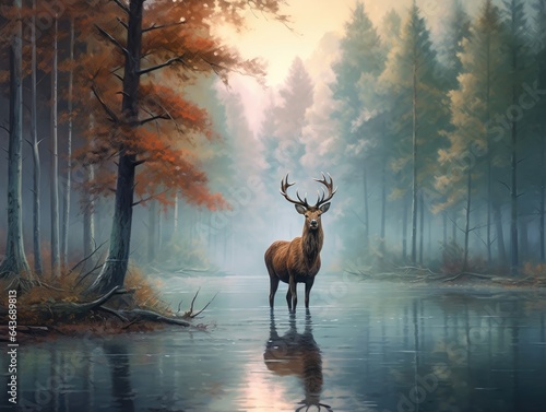 Majestic European Red Deer  impressive mammal roams misty forest at dawn  made with Generative AI