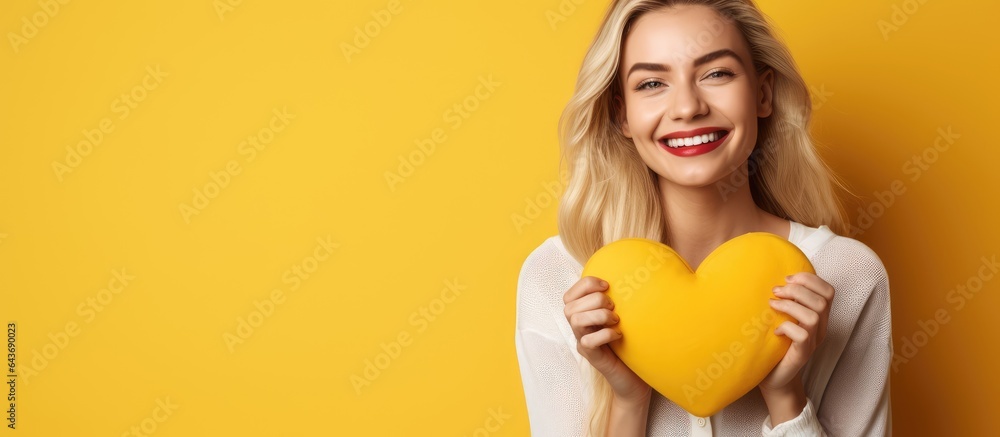 A joyful young blonde woman smiling with one hand near her heart and the other extended forward beside a yellow wall - obrazy, fototapety, plakaty 