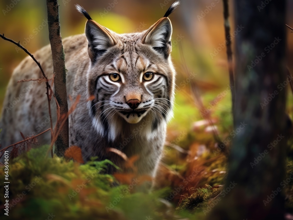 Mysterious European Lynx, elusive cat moves through dense forest undergrowth Mysterious European Lynx, elusive cat moves through dense forest undergrowth