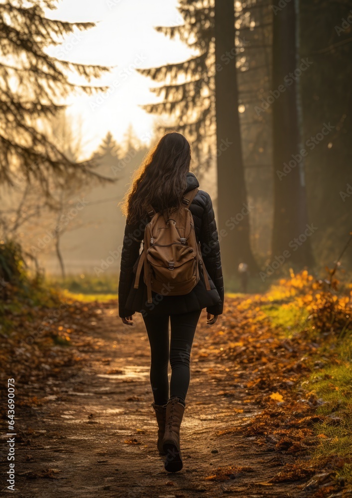 Nature Walk: An invigorating capture of someone enjoying a brisk morning walk autumn forest, harnessing the outdoors to stimulate dopamine release.