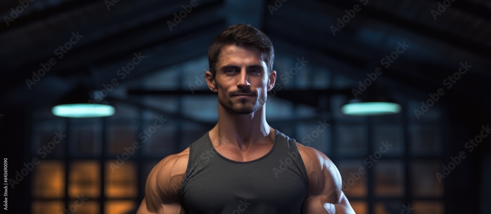 Male model with a muscular slim body in a fitness room Sport concept Male model with a muscular slim body in a fitness room Sport concept