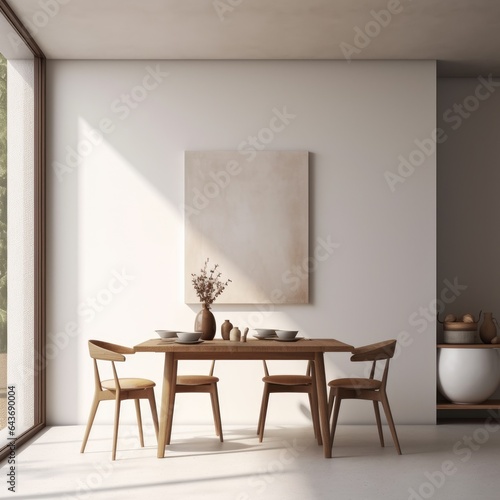 Minimalist dining arrangement  An empty dining table in a minimalistic setup  with a gentle blur that imparts a sense of calmness and elegance  made with Generative AI