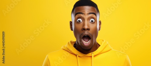 Astonished person of mixed ethnicities with open mouth on yellow background