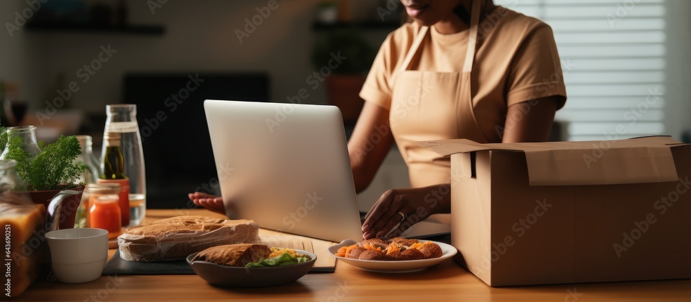 Cropped image of black woman unpacking food delivery at home Cropped image of black woman unpacking food delivery at home